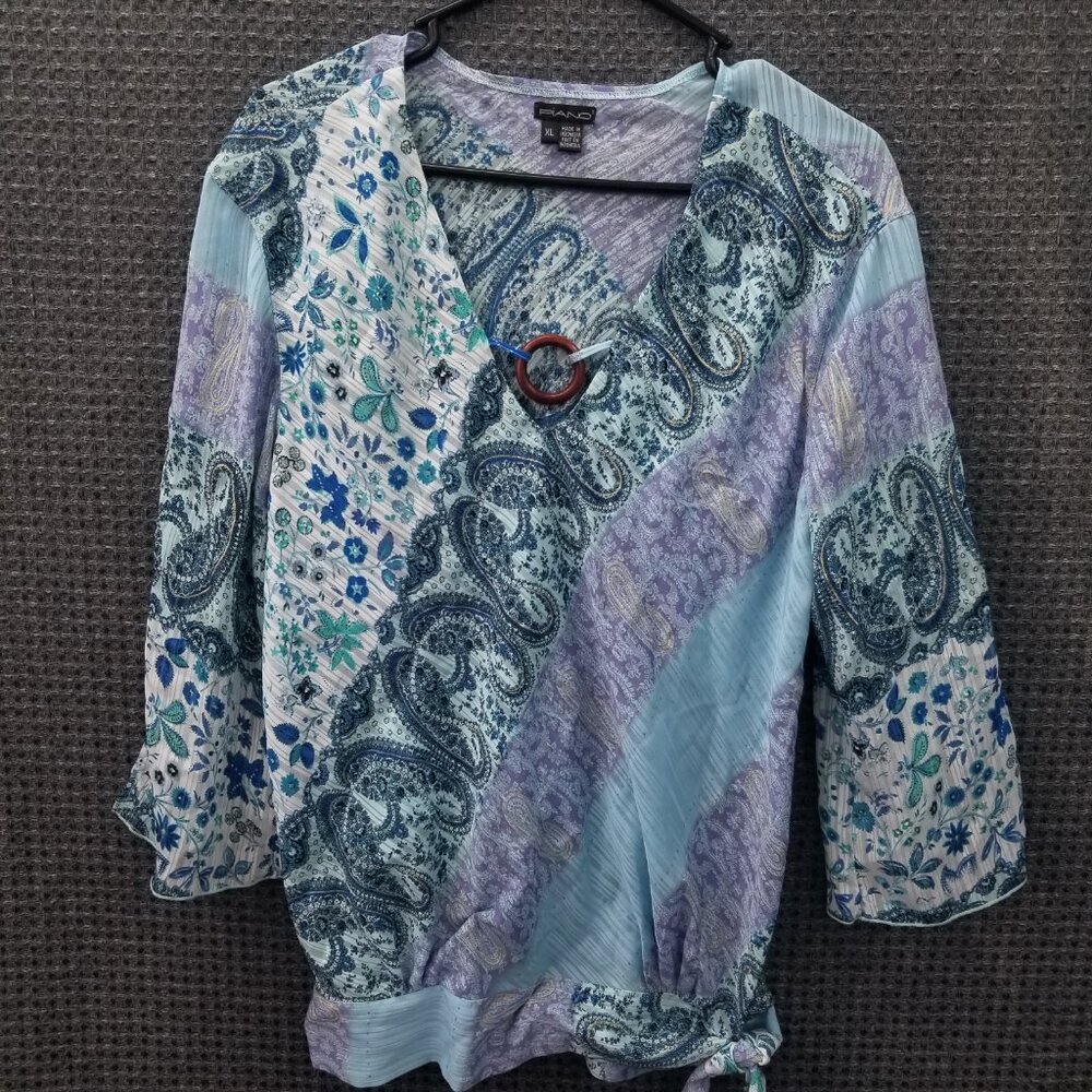 💚 2/$15. Piano Paisley Floral Blue Blouse Womens XL